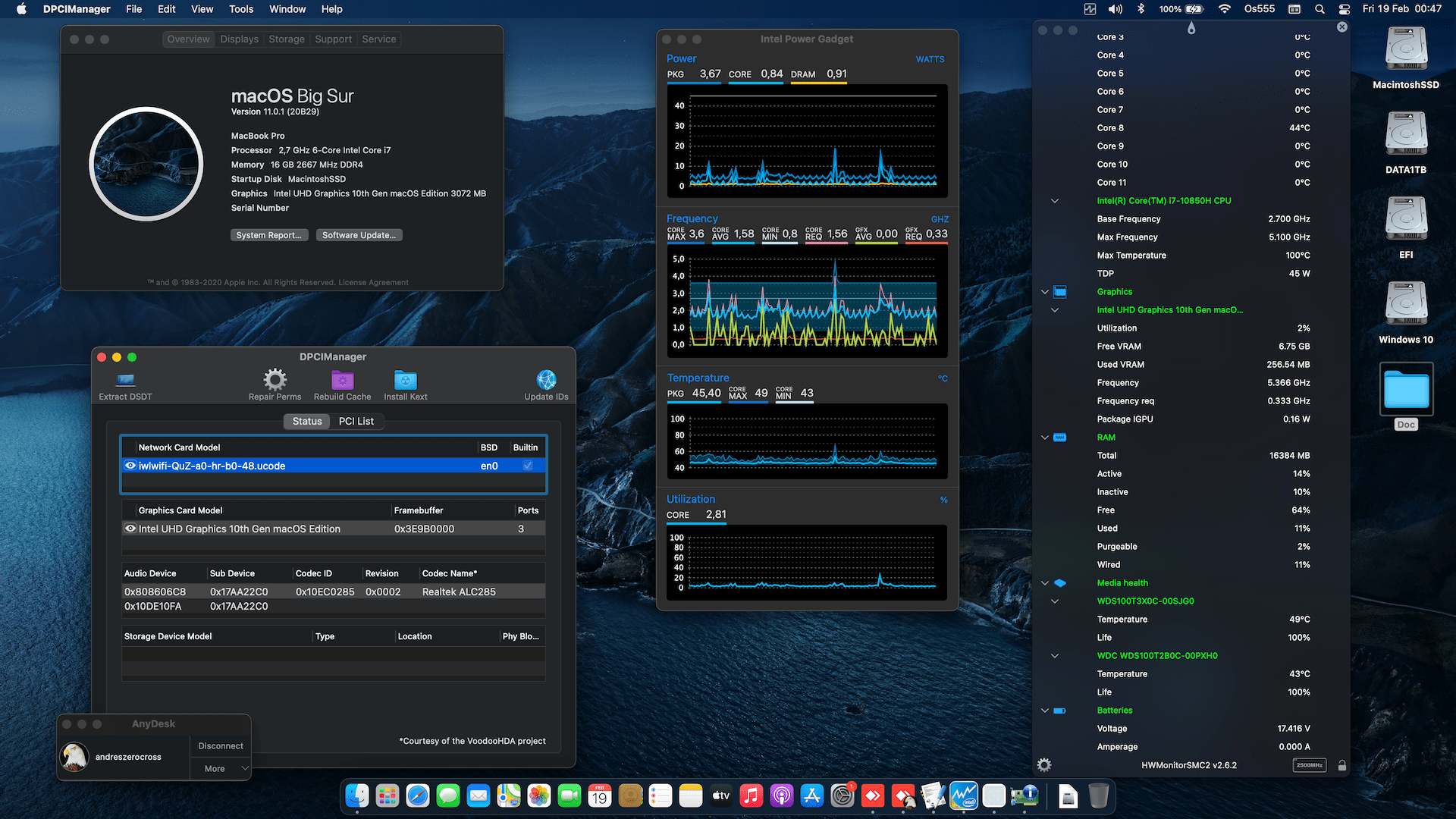 Success Hackintosh macOS Big Sur 11.0.1 Build 20B29 in Lenovo Thinkpad X1 Extreme Gen 3